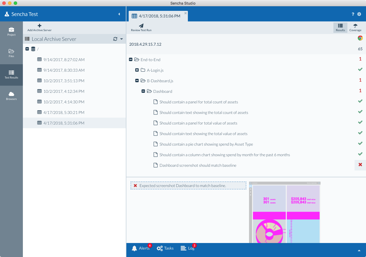 Viewing a screenshot comparison test failure